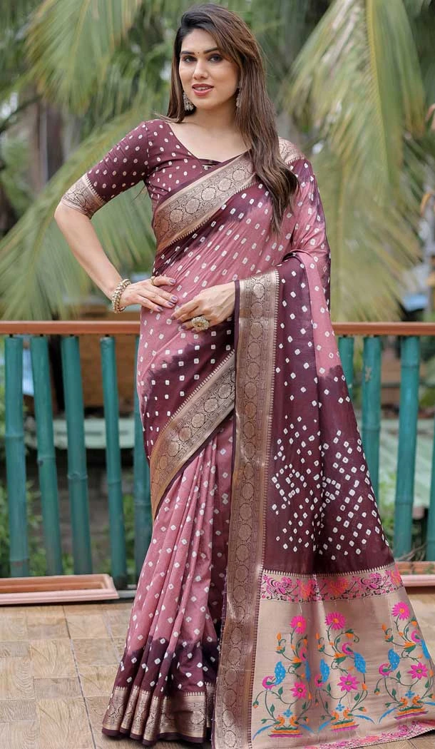 Brown Dola Silk Bandhej Printed Traditional Wear Saree - 147361522