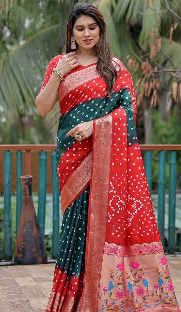 Red Dola Silk Bandhej Printed Traditional Wear Saree - 147361523