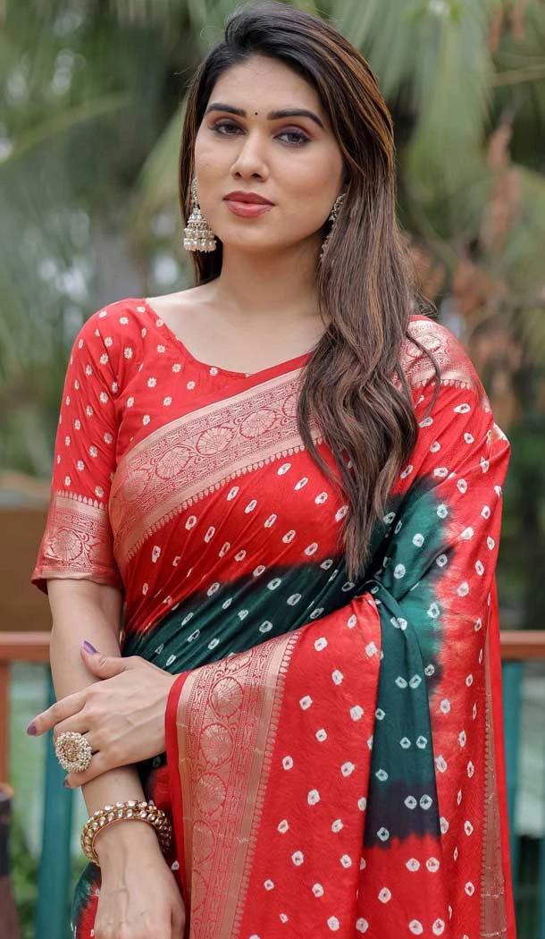 Red Dola Silk Bandhej Printed Traditional Wear Saree - 147361523