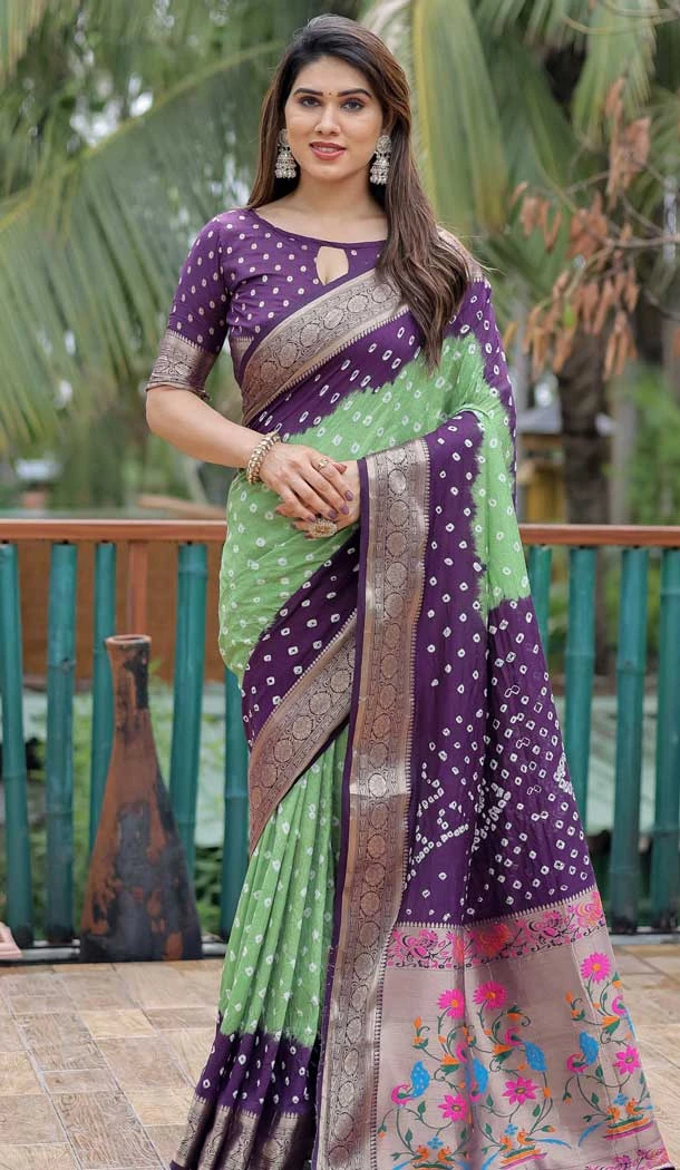 Purple Dola Silk Bandhej Printed Traditional Wear Saree - 147361524