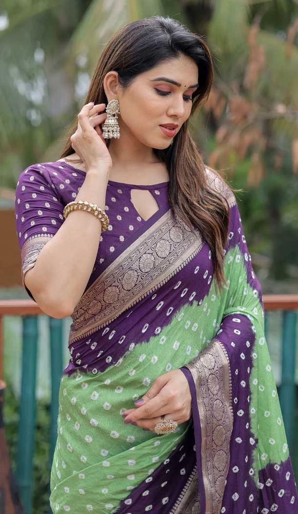 Purple Dola Silk Bandhej Printed Traditional Wear Saree - 147361524
