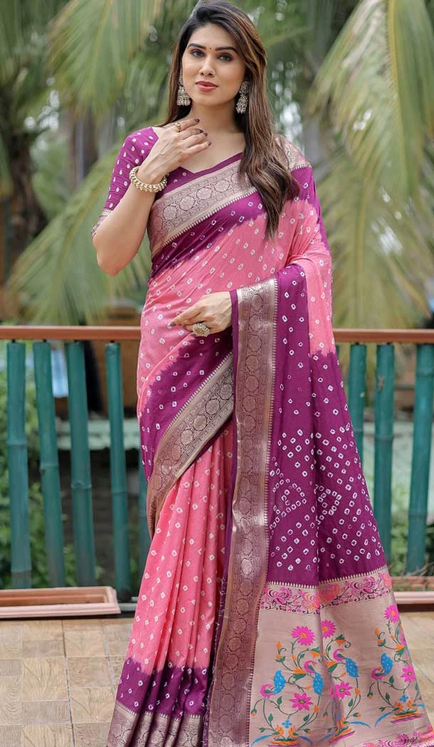 Magenta Dola Silk Bandhej Printed Traditional Wear Saree - 147361525