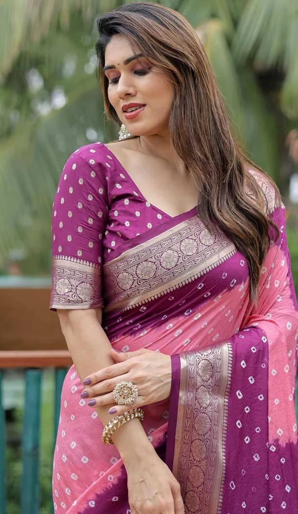 Magenta Dola Silk Bandhej Printed Traditional Wear Saree - 147361525