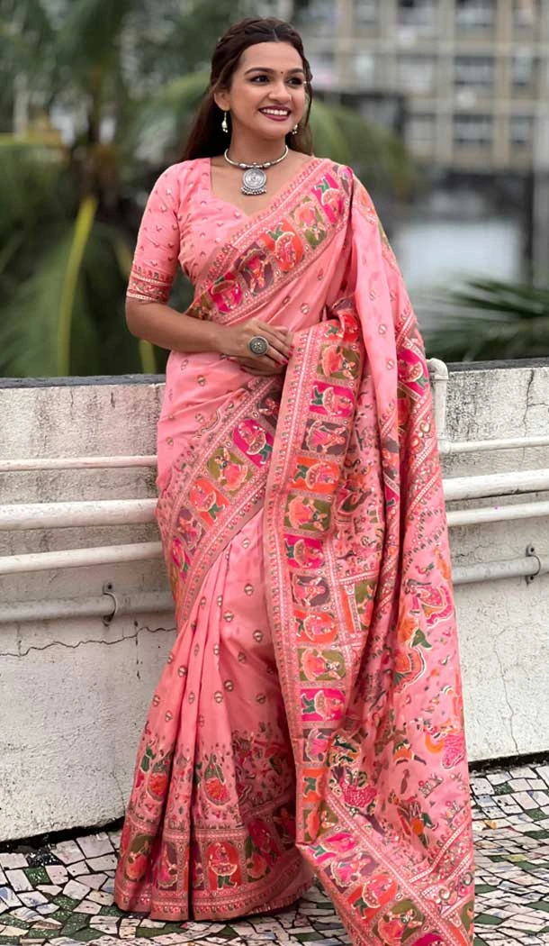 Pashmina Silk Meenakari Work Party Wear Saree In Peach - 147371527