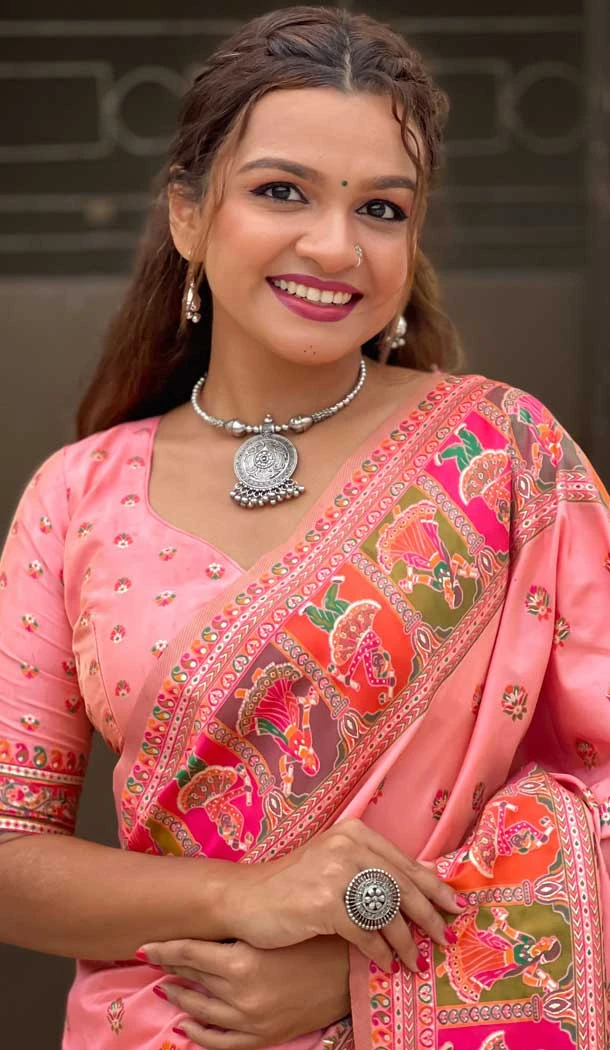 Pashmina Silk Meenakari Work Party Wear Saree In Peach - 147371527