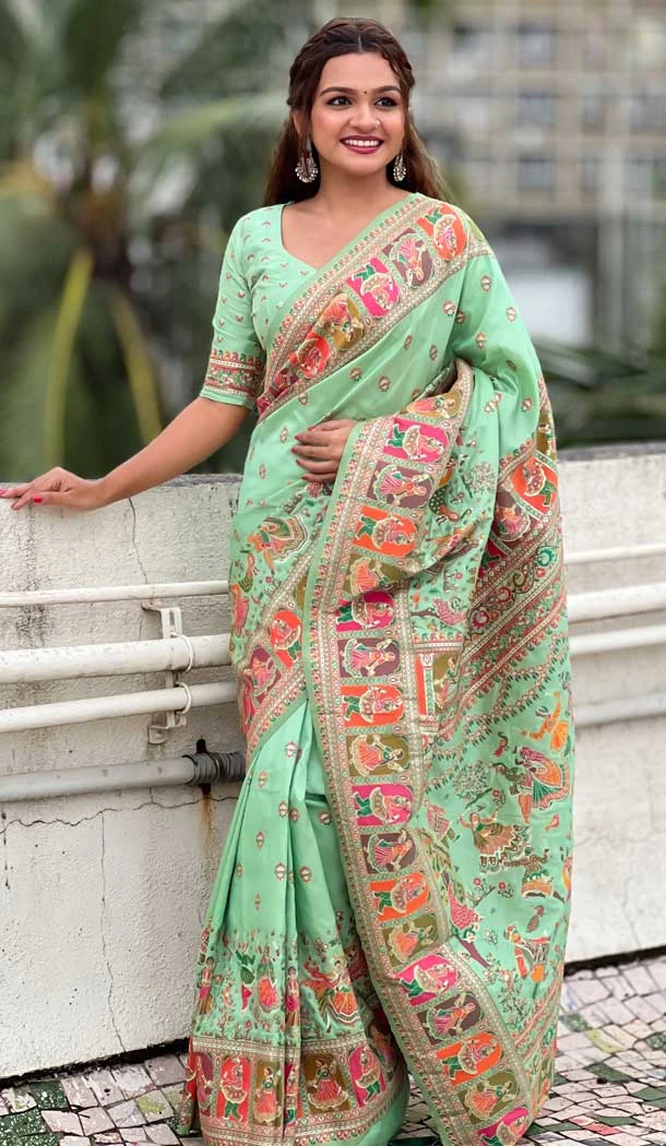 Pashmina Silk Meenakari Work Party Wear Saree In Sea Green - 147371528