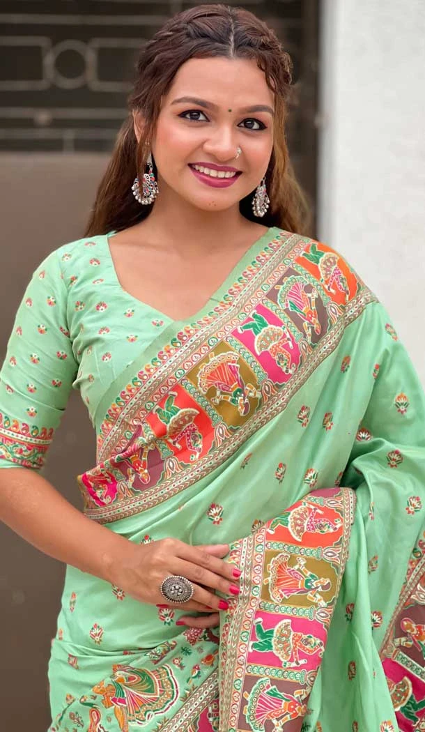 Pashmina Silk Meenakari Work Party Wear Saree In Sea Green - 147371528