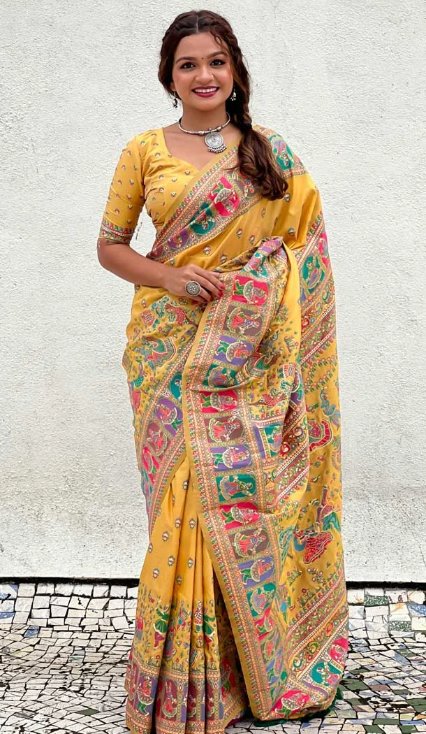 Pashmina Silk Meenakari Work Party Wear Saree In Yellow - 147371529