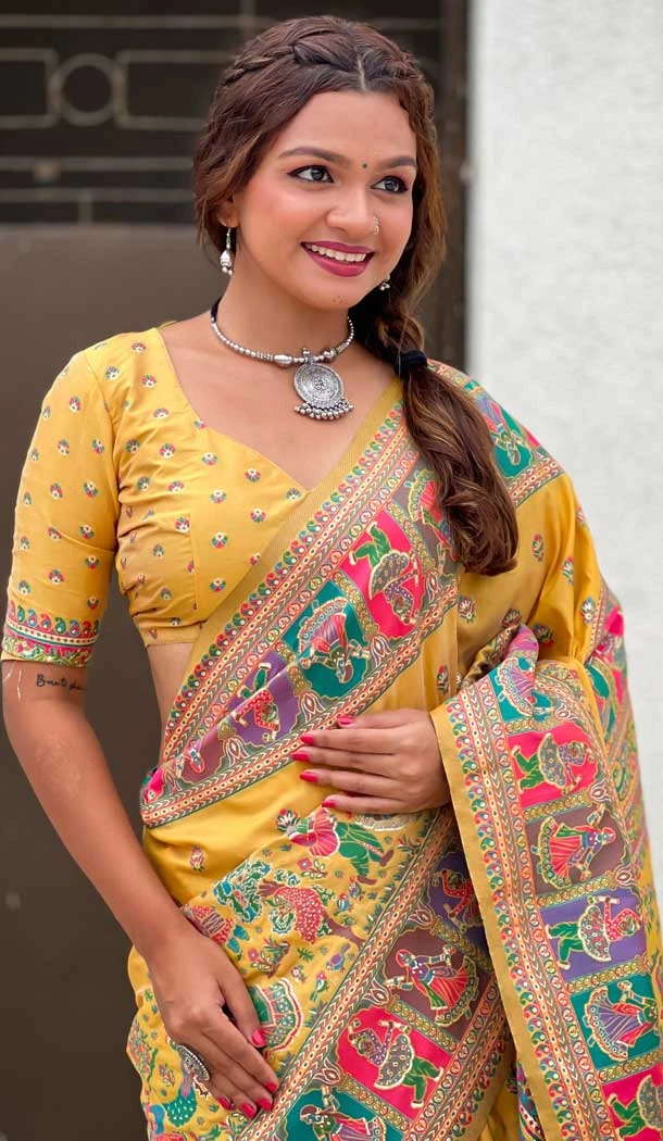 Pashmina Silk Meenakari Work Party Wear Saree In Yellow - 147371529