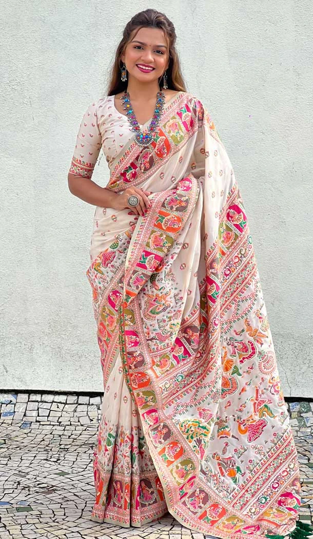 Pashmina Silk Meenakari Work Party Wear Saree In White - 147371530