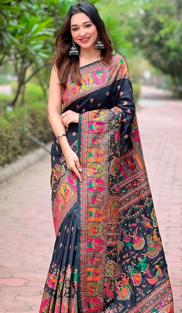 Pashmina Silk Meenakari Work Party Wear Saree In Black - 147371531