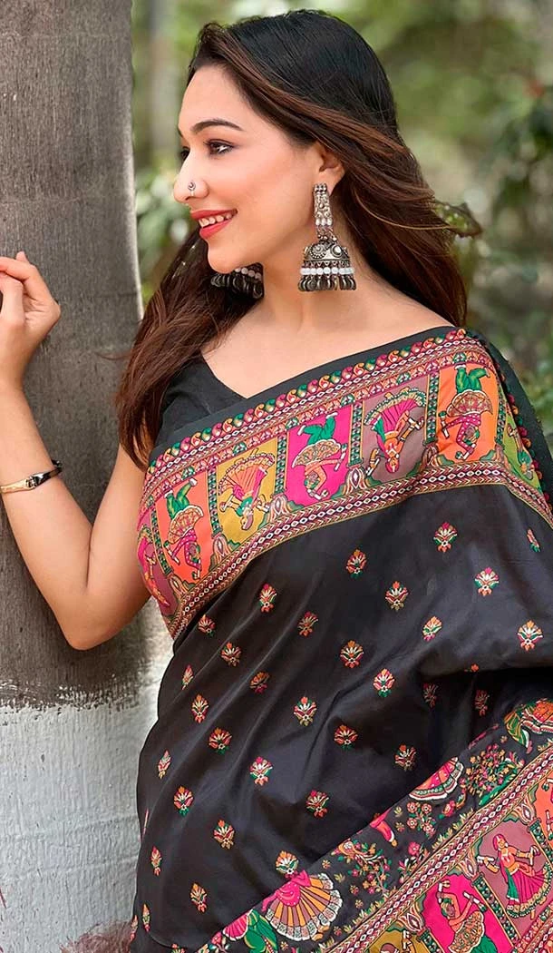 Pashmina Silk Meenakari Work Party Wear Saree In Black - 147371531