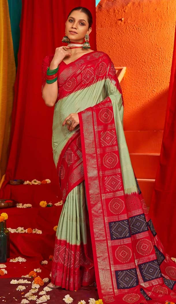 Olive Green Tussar Silk Swarovski Work Party Wear Designer Saree - 147441593
