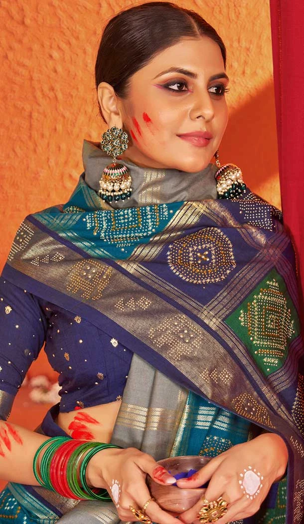Grey Blue Tussar Silk Swarovski Work Party Wear Designer Saree - 147441598