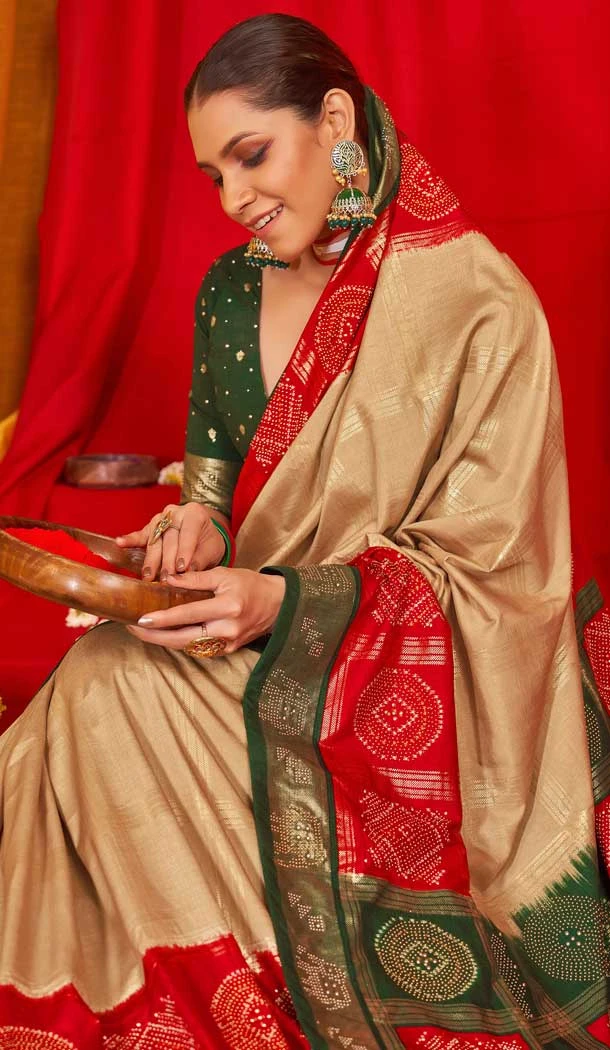 Beige Red Tussar Silk Swarovski Work Party Wear Designer Saree - 147441599