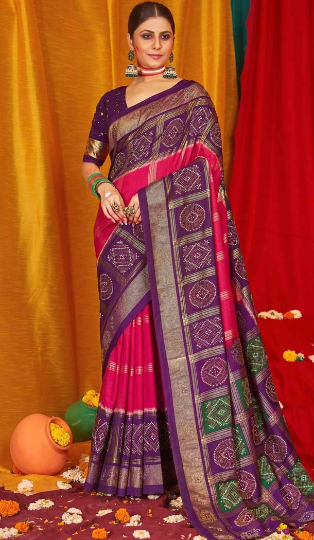 Pink Purple Tussar Silk Swarovski Work Party Wear Designer Saree - 147441600