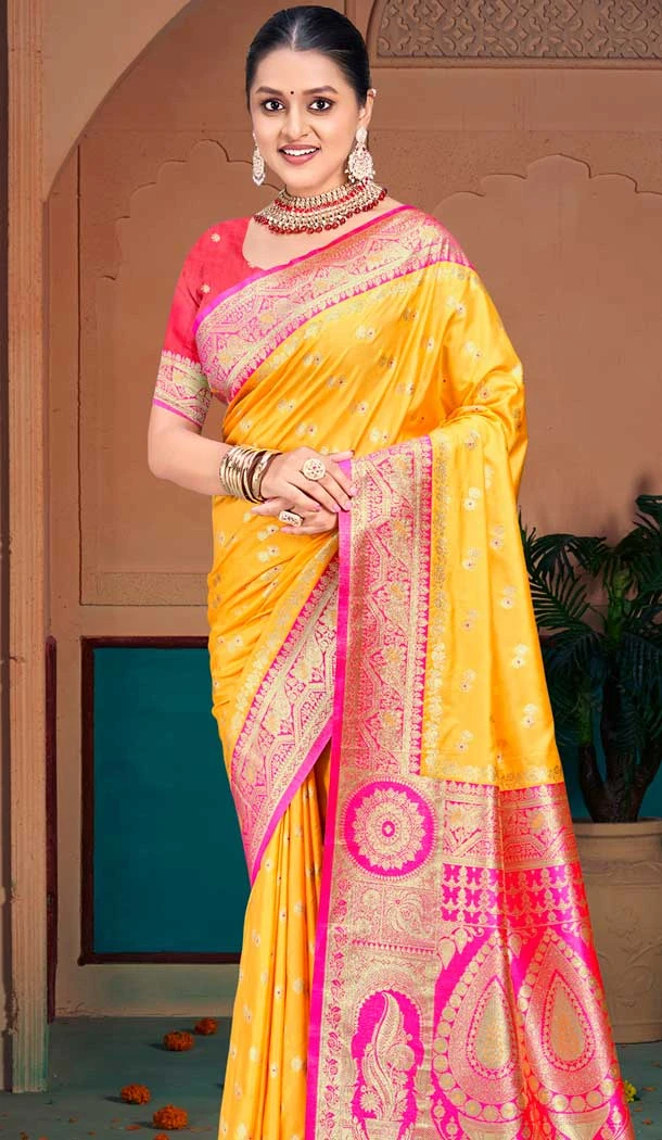Silk Woven Jacquard Party Wear Saree In Yellow - 147471615