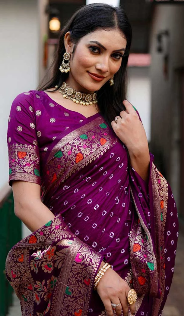 Paithani Silk Bandhej Work Traditional Wear Saree In Purple - 147531645
