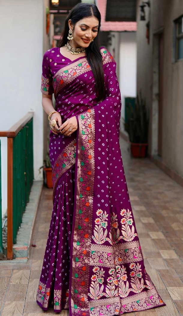 Paithani Silk Bandhej Work Traditional Wear Saree In Purple - 147531645