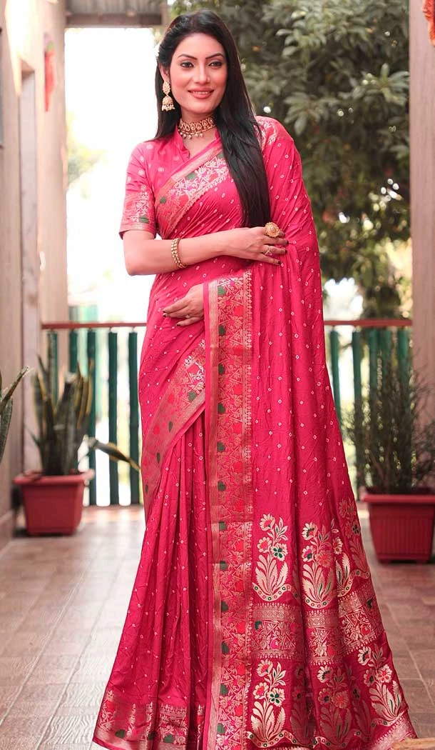 Paithani Silk Bandhej Work Traditional Wear Saree In Burgundy - 147531646