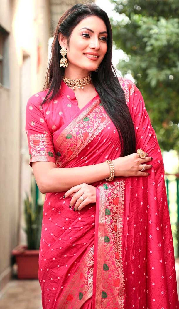 Paithani Silk Bandhej Work Traditional Wear Saree In Burgundy - 147531646