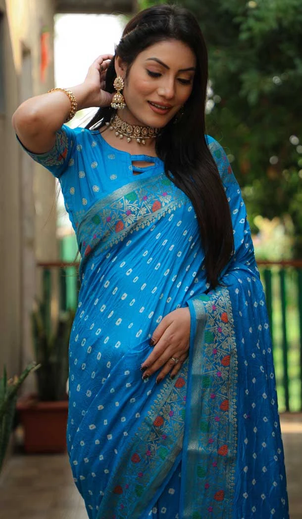 Paithani Silk Bandhej Work Traditional Wear Saree In Blue - 147531647