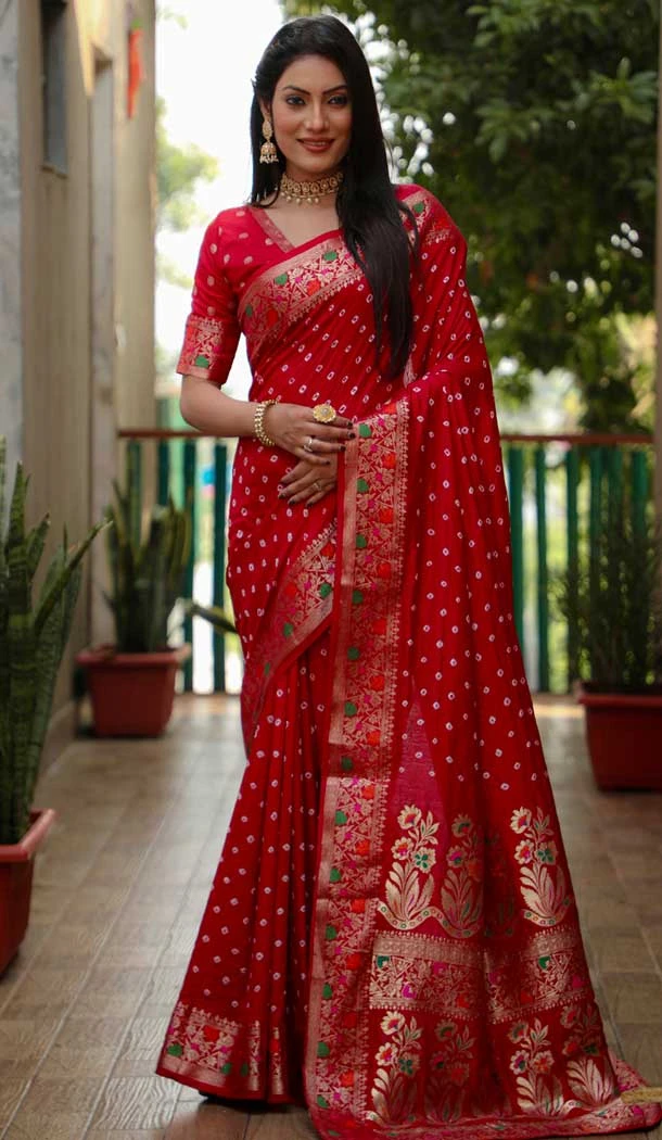 Paithani Silk Bandhej Work Traditional Wear Saree In Maroon - 147531648