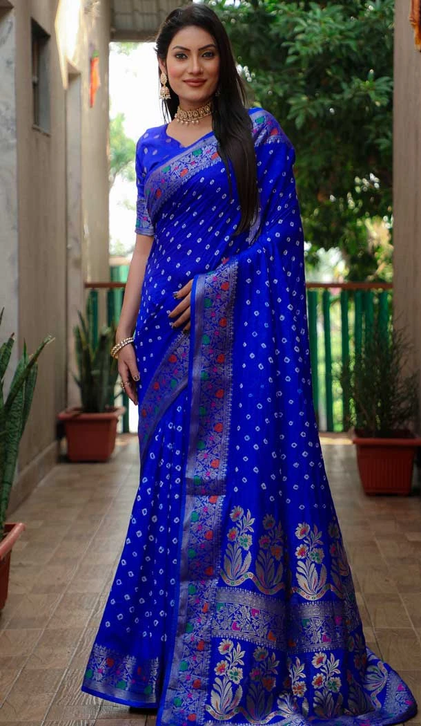 Paithani Silk Bandhej Work Traditional Wear Saree In Royal Blue - 147531649