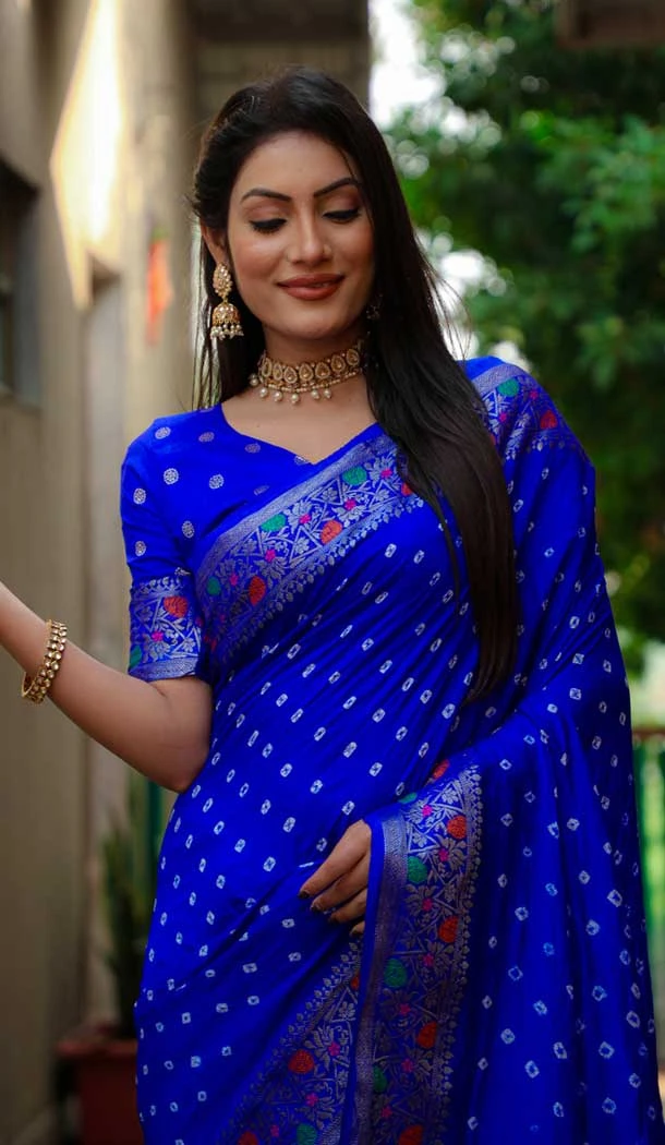 Paithani Silk Bandhej Work Traditional Wear Saree In Royal Blue - 147531649