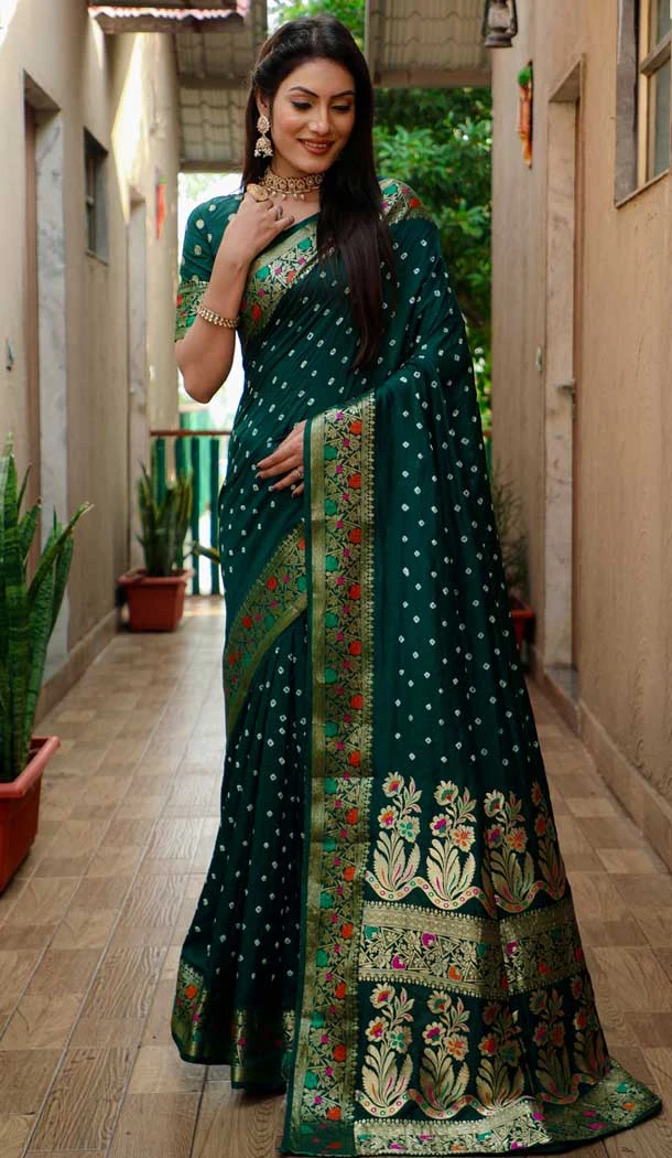 Paithani Silk Bandhej Work Traditional Wear Saree In Green - 147531650