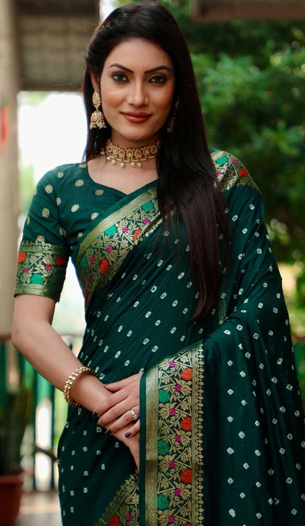 Paithani Silk Bandhej Work Traditional Wear Saree In Green - 147531650