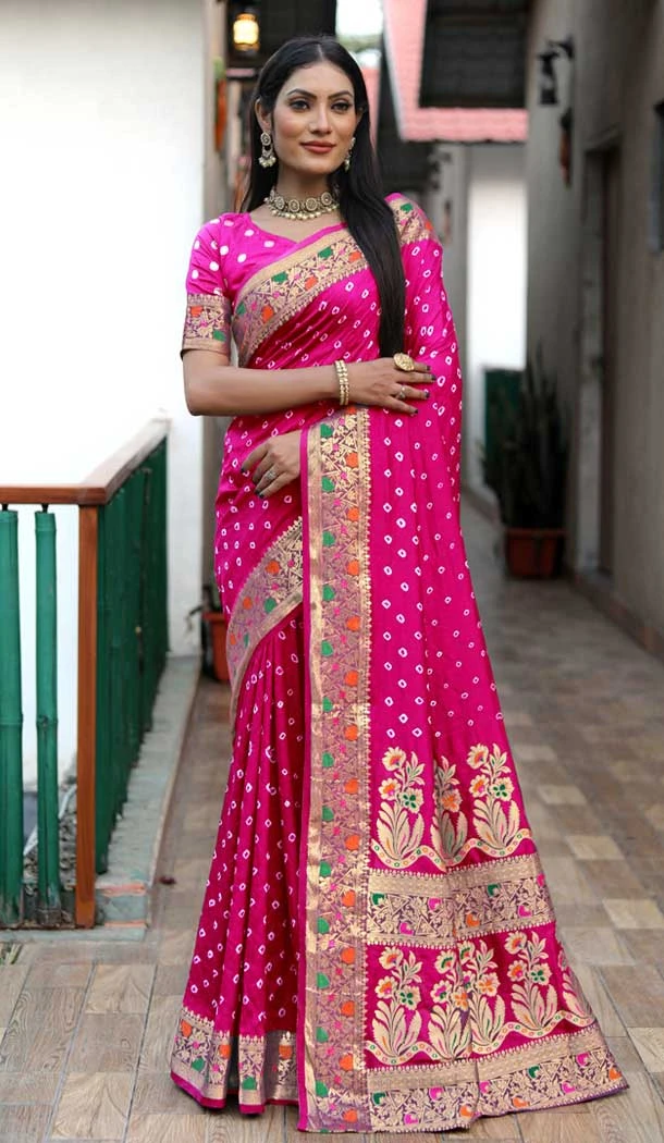 Paithani Silk Bandhej Work Traditional Wear Saree In Pink - 147531651