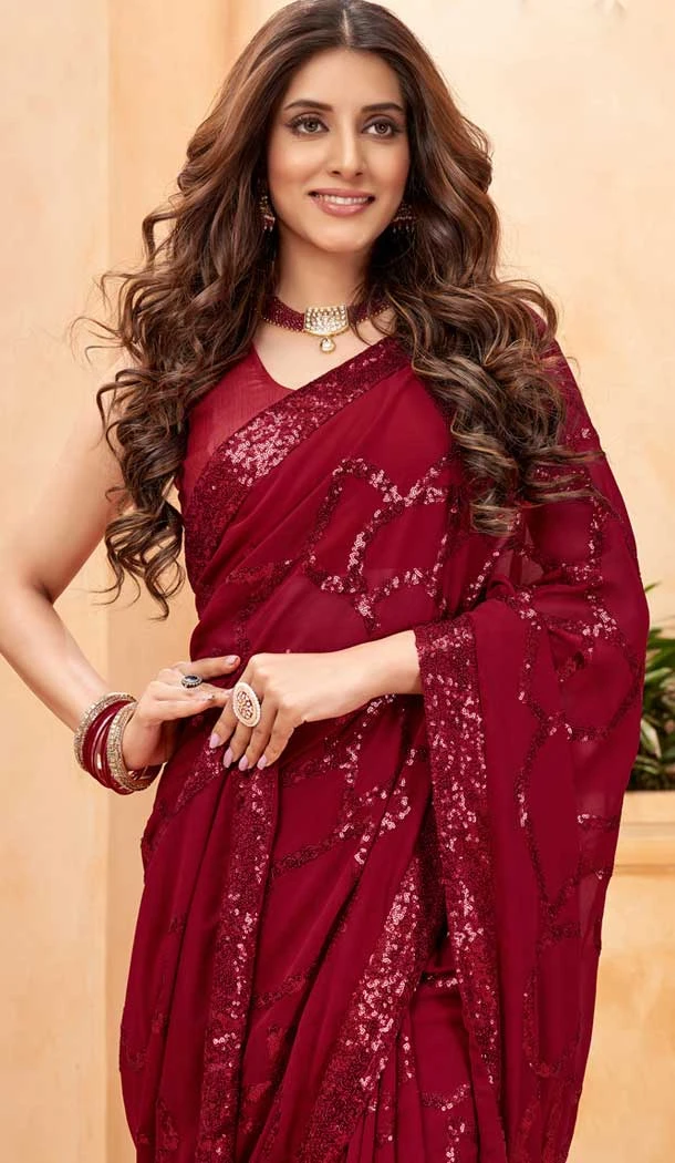 Maroon Faux Georgette Sequence Embroidered Party Wear Saree - 147641700 Maroon Faux Georgette Sequence Embroidered Party Wear Saree - 147641700