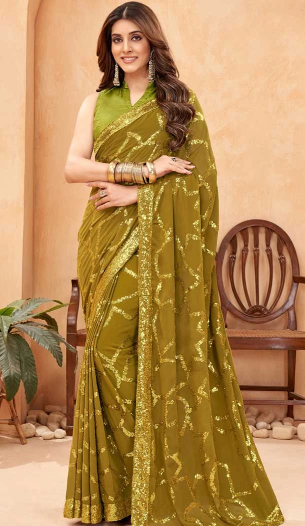 Green Faux Georgette Sequence Embroidered Party Wear Saree - 147641702