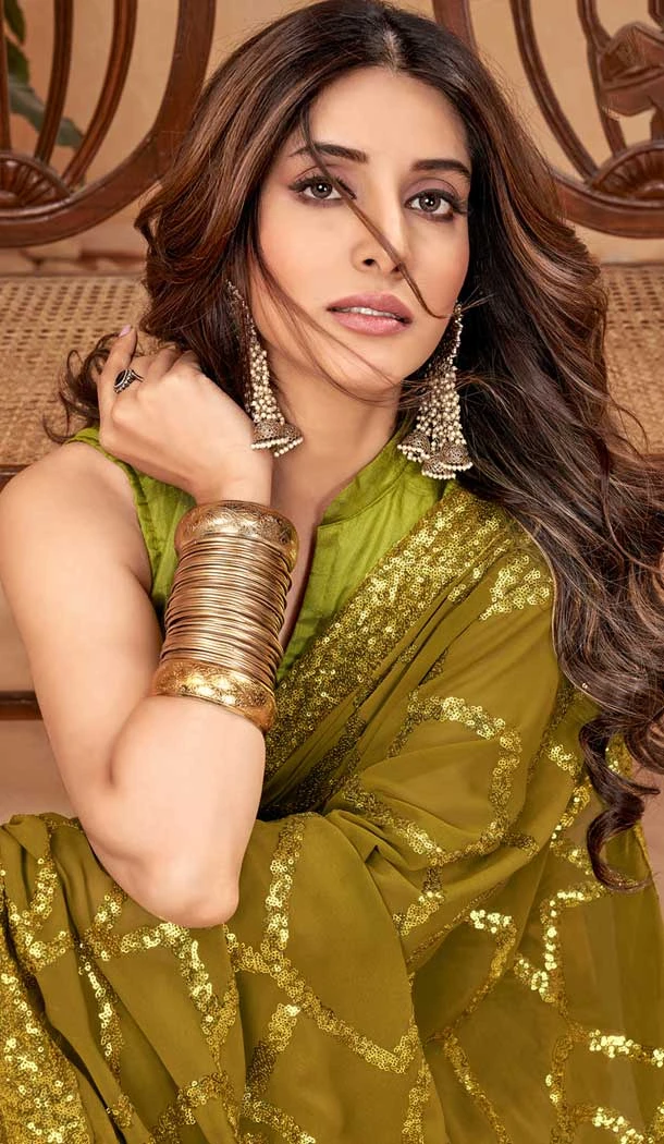 Green Faux Georgette Sequence Embroidered Party Wear Saree - 147641702