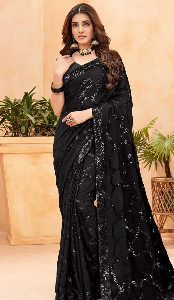 Black Faux Georgette Sequence Embroidered Party Wear Saree - 147641704