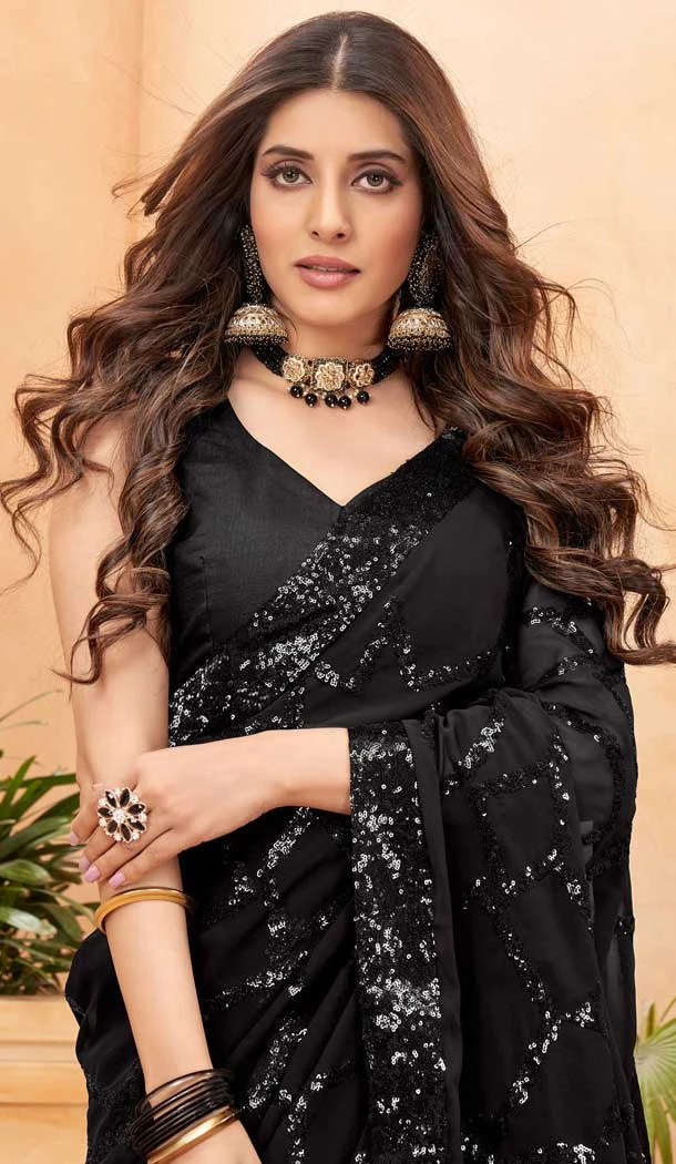 Black Faux Georgette Sequence Embroidered Party Wear Saree - 147641704