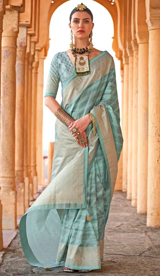 Viscose Silk Printed Foil Wedding Wear Designer Saree In Sea Green - 147681727