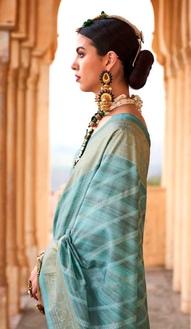 Viscose Silk Printed Foil Wedding Wear Designer Saree In Sea Green - 147681727