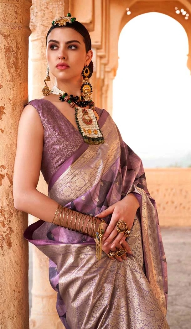 Viscose Silk Printed Foil Wedding Wear Designer Saree In Grey - 147681731