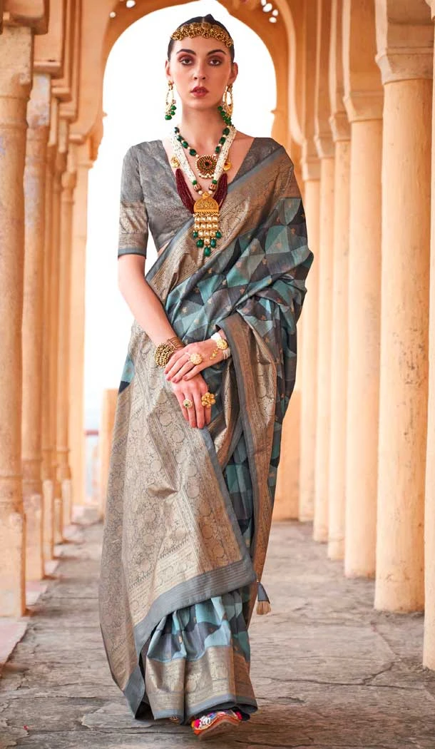 Viscose Silk Printed Foil Wedding Wear Designer Saree In Green - 147681733