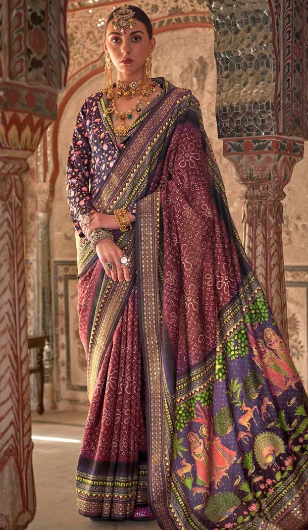 Wine Viscose Silk Printed Designer Wear Saree - 147691738