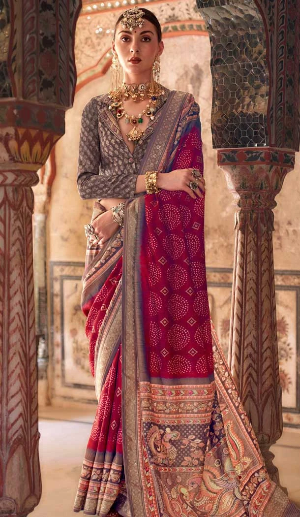 Red Viscose Silk Printed Designer Wear Saree - 147691740
