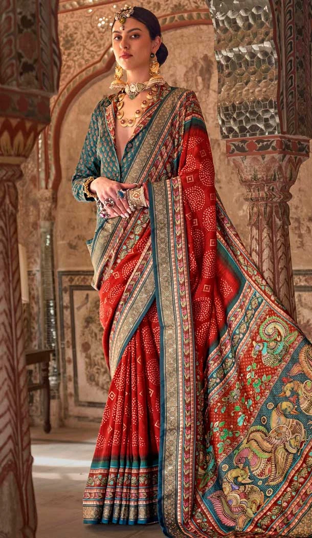 Viscose Silk Printed Designer Wear Saree In Red - 147691742