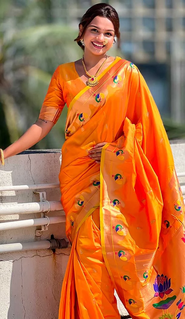 Orange Paithani Silk Meenakari Work Party Wear Saree - 147821815