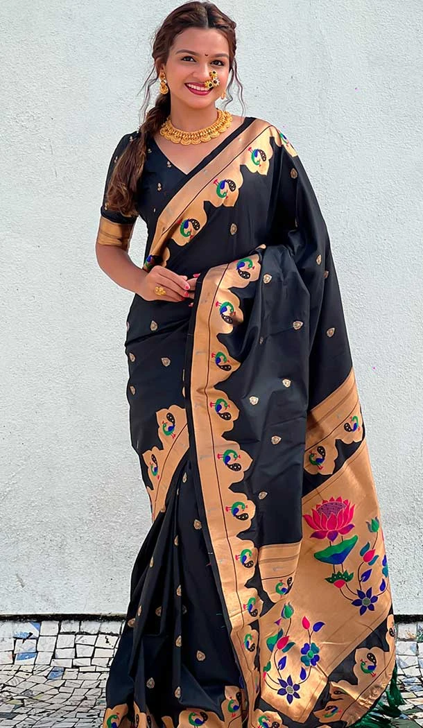 Black Paithani Silk Meenakari Work Party Wear Saree - 147821816