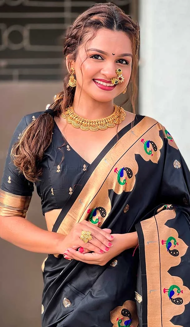 Black Paithani Silk Meenakari Work Party Wear Saree - 147821816