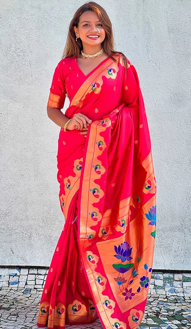 Red Paithani Silk Meenakari Work Party Wear Saree - 147821819