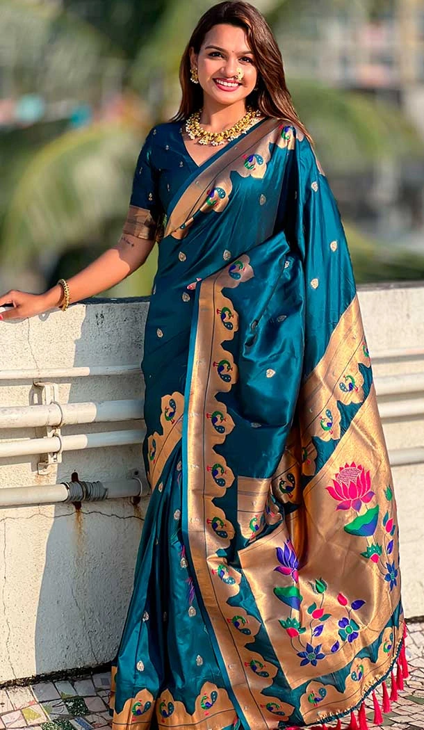 Teal Blue Paithani Silk Meenakari Work Party Wear Saree - 147821820 Teal Blue Paithani Silk Meenakari Work Party Wear Saree - 147821820