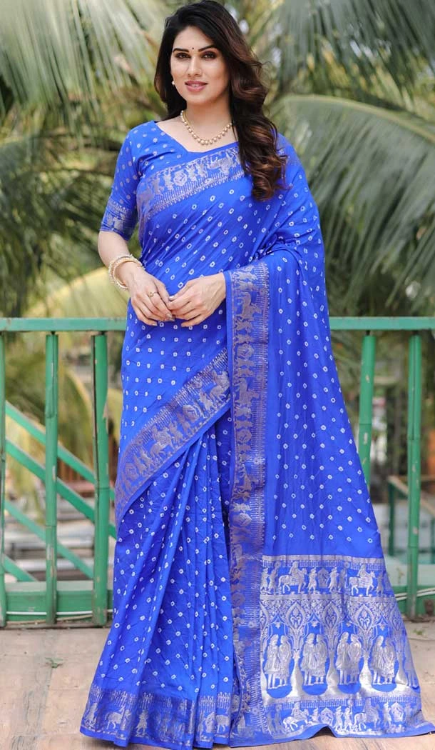 Dola Silk Bandhej Work Party Wear Saree In Blue - 147841835